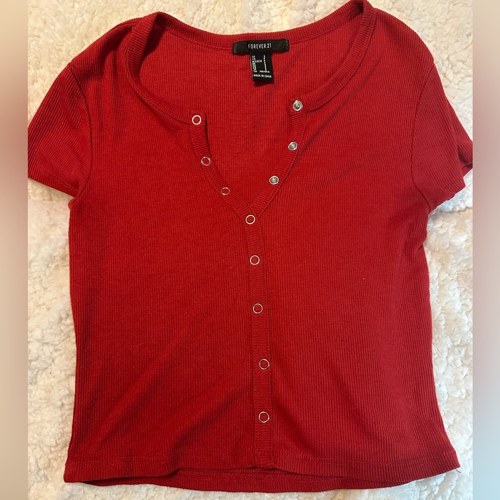 Forever 21 Red Ribbed Button-Up Top